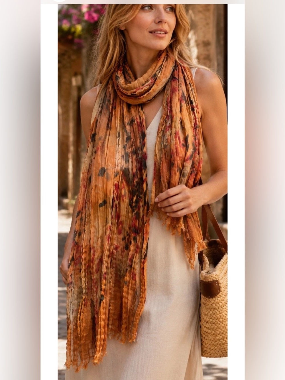 New Womens Pleated Printed Scarf Fall Colors Raw Edges 5000-3100